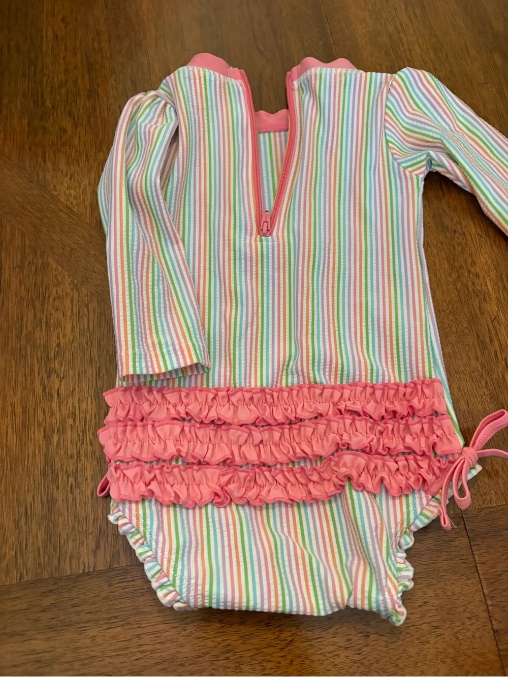 Ruffle Butts Pink Trim Multicolor Striped Long Sleeve One-Piece Swim